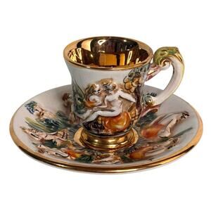 Keramos Capodimonte Tea Cup Saucer Set Demitasse Grape Harvest Espresso Gold Vtg